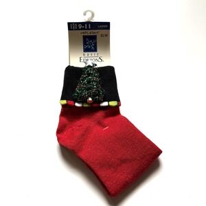 Basic Editions Holiday Christmas Tree Socks Red Sparkle Glitter 3D Tinsel NWT 9-